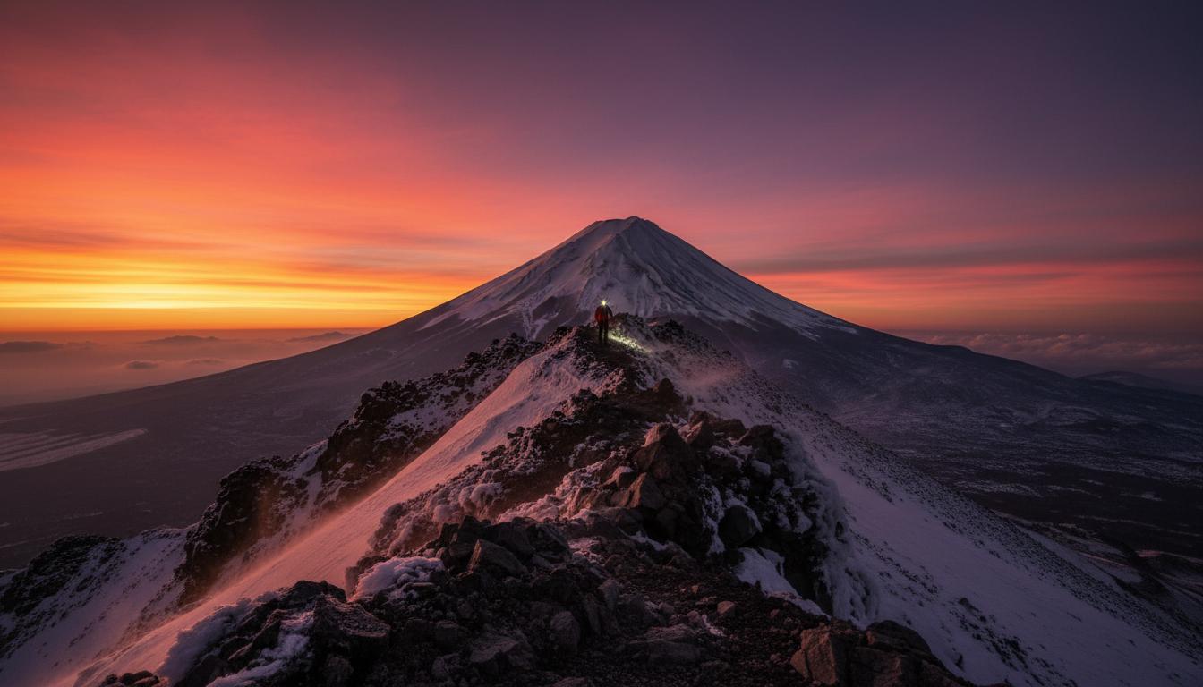 Mount Fuji summit ridge at dawn with climber silhouette